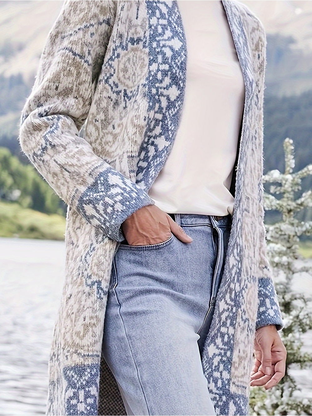 Soft Surroundings Wool Blend Barra Long Cardigan Jacket in Fair Isle Blue Cream - Picture 8 of 8